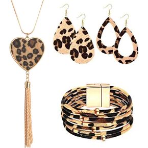 U/R Faux Leather Leopard Sunflower Flower Print Jewelry Set Layered Multi-Layer Bracelet Teardrop Drop Dangle Earrings Pendant Necklace for Women Girl Friend Animal Plant Accessory-A Leopard