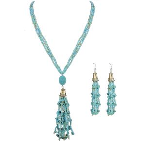 Coiris Simulated Turquoise Beads Strand Statement Necklace for Women with Earrings