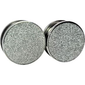 Silver Glitter Front Ear Gauges - Pair of Stainless Steel Screw-On Plugs - 10 Size Options