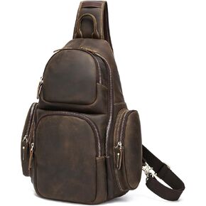Taertii Full Grain Genuine Leather Sling Bag, Fits 14 inch Laptop, Travel Chest Crossbody Shoulder Sling Backpack Purse Daypack 17L - Brown