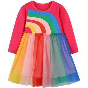 Girls Cotton Long Sleeve Dress Casual Cartoon Basic Dresses for 2-7 Years Old