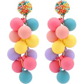 Rainbow Acrylic Ball Drop Dangle Earrings for Women Girls Long Tassel Statement Earring Colorful Beaded Dangling Earrings Cute Jewelry Gifts Summer Party