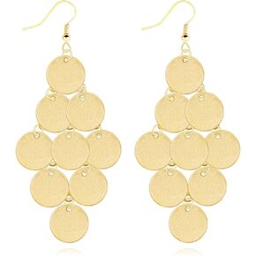 Round Disc Cluster Dangle Drop Earrings for Women Girls Gold Silver Plated Bohemian Exaggerated Polished Circle Geometric Chandelier Tassel Lightweight Earrings for Wedding Bride Prom Party Jewelry Gifts