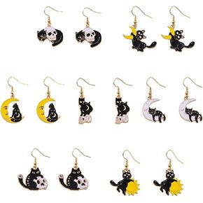 Black Cat Earrings for Women Cartoon Kitty Sun Moon Dangle Earrings Skull Halloween Earrings for Women Girls Cosplay Party Jewelry Gift 5Pcs