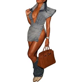 Recious Womens Sexy 2 Pieces Denim Button Shirts Tops Jackets Bodycon Split Skirts Party Clubwear Dress Outfits Set