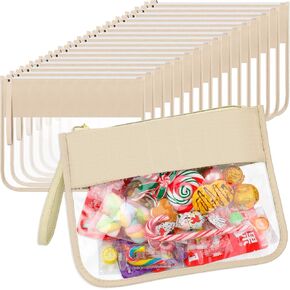 Irenare 16 Pcs Clear Makeup Bag Toiletry Clear Flat Zipper Pouch Preppy Waterproof Clear Cosmetic PVC Pouch with Wristlet Toiletry Bags DIY Chenille Letter Snack Bag for Women Girls(Beige)