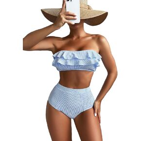 GORGLITTER Women's Ruffle Striped Swimsuit Strapless Bandeau High Waisted Bikini Set Bathing Suit