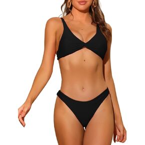 Women's Twist Cross Knot Bikini Sets, Solid Adjustable Straps Self Tie Back 2 Piece Swimsuits Bathing Suit Swimwear