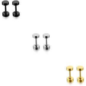 Dot Stud Earrings Flat Back Stainless Steel Earrings for Men and Women Anti-Allergy Screw Disc Stud Earrings Set of 3 Pairs Gold Silver and Black (4MM/5MM/6MM/7MM/8MM/10MM Option) Available