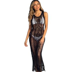NFASHIONSO Womens Crochet Tassel Beach Wear Cover up Swimwear Bikini Long Maxi Beach Dress