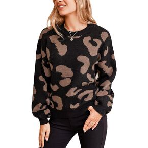 CUPSHE Women Sweater Round Neck Dropped Long Sleeves Animal Printed Ribbed Knit Jumper Tops