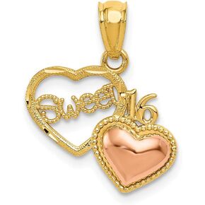Solid 14k Yellow and White Gold Two Tone Sweet 16 Heart Pendant Charm - 18mm x 15mm