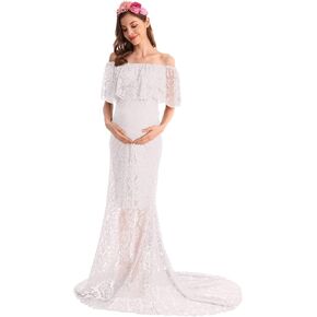 AYMENII Women's Maternity Photography Off Shoulder Lace Mermaid Gown with Train Wedding Party Photo Shoot Baby Shower Dress in Saudi Arabia