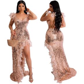 DDFS Sequin Feather Dress Sexy Halter High Split Backless Evening Dress (S-2XL)