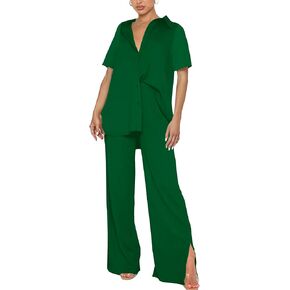 LYANER Women's 2 Piece Outfits Button Down Short Sleeve Shirt and Wide Leg Pants Set