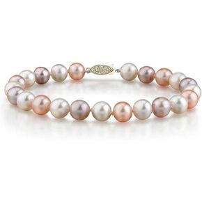The Pearl Source 14K Gold 7-8mm AAAA Quality Round Multicolor Freshwater Cultured Pearl Bracelet for Women