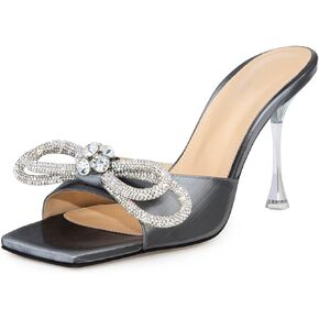 Women's Heeled Sandals Double Rhinestones Bow Satin Mules Square Open Toe Slip on Stilettos Clear Heels Wedding Party Dress Shoes