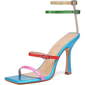 vivianly Women'S Square Toe Strappy Heels Sandal Multi Color Ankle Strap Heeled Sandals Sexy Stiletto High Heels