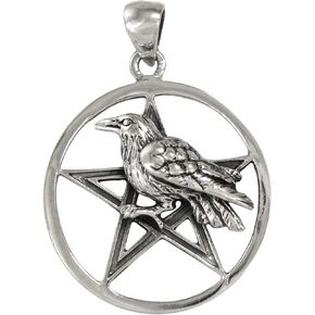 Sterling Silver Crow Raven Pentacle Pendant; 1 Inch Diameter