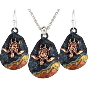 Sea Turtle Necklace and Earrings Set Patina Copper Finish