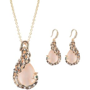 Vintage Women Elegant Peacock Waterdrop Rhinestone Pendant Necklace Earrings Crystal Jewelry Set Wedding Jewlery
