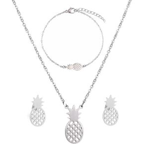 SKQIR قلادة الأناناس، مجموعات مجوهرات نسائية صغيرة مصنوعة يدويًا من الفولاذ المقاوم للصدأ على شكل أناناس (أقراط + أساور + مجموعة مجوهرات قلادات) in Kuwait