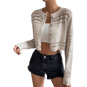 SweatyRocks Women's Long Sleeve Button Front Round Neck Cardigan Crop Top Hollow Out Sweater