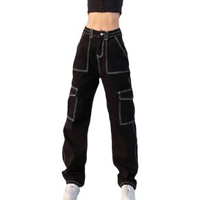xxxiticat Women's Wide Leg Cargo Pants High Waisted Contrast Color Topstitch Multi Pockets Black Chic Baggy Denim Jeans