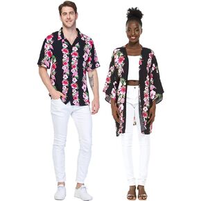 Matchable Couple Hawaiian Luau Shirt or Kimono in Pink Black Hibiscus Vine