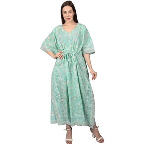 Fabric Venue Women's Ethnic Hand Block Print Cotton Printed Kaftan Summer Dress Beach Wear Dress Floral Aqua Blue Kaftan Dress