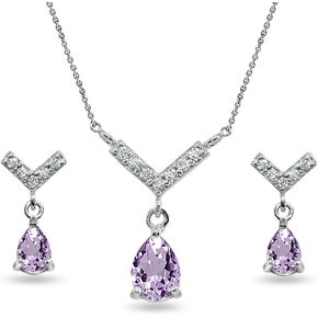 B. BRILLIANT Sterling Silver Genuine or Synthetic Gemstone Teardrop V Design Arrow Necklace & Dangle Earrings Set