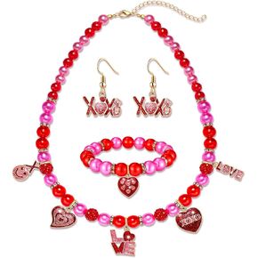 Valentine’s Day Necklace Bracelet Earrings Set, Sweet Love Heart Bubblegum Necklace for Women Beaded Stretch Bracelet XOXO Dangle Earrings Valentine’s Day Gifts for Her