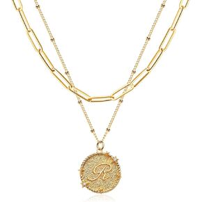 CITLED Dainty Gold Layered Necklace for Women 14K Real Gold Plated Letter Initial Necklace Round Disc Pendant Initial Paperclip Choker Necklace with CZ Star Customized Layering Necklaces for Women (A TO Z)