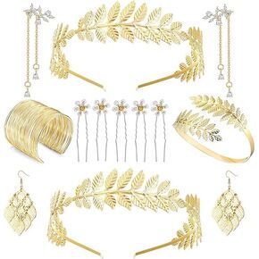 FINREZIO Greek Goddess Costume Accessories Set for Women Leaf Headband Armband Bracelet Golden Laurel Leaves Crown Artificial Dangle Earrings Bridal Wedding Headpiece Party Toga Jewelry in Kuwait