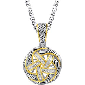 UNY JEWEL Jewelry Make a Statement with Our Two Tone Twisted Cable Wire Flower Swirl Enhancer Pendant Featuring Pave Rhinestone 3mm Box Chain 45cm + 5cm Extension