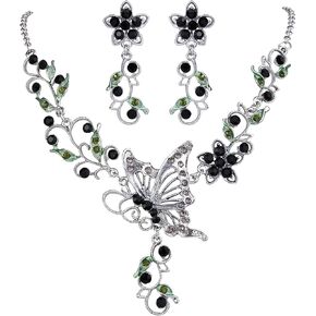 EleQueen Women's Austrian Crystal Butterfly Flower Leaf Necklace Earrings Sets Black
