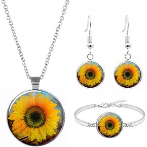 Dcfywl731 Sunflower Necklaces Earrings Bracelet Set,Sunflower Pendant Necklace Set for Women Sunflower Pearl Resin Boho Long Drop Handmade Pendant Necklace