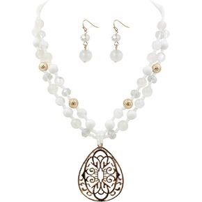 Aenu 18" Beads Necklaces Cute Elegant Figure Glossy Teardrop Pendant Necklace Set for Women Holiday Gift