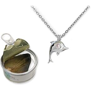 Dolphins Necklace Cultured Pearl in Oyster Set Silver tone Plated Cage W/Stainless Steel Chain 18"