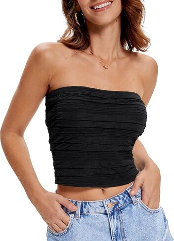 DJT Women's Strapless Crop Tops Textured Pleated Sleeveless Tanks Summer Sexy Tube Top in Kuwait