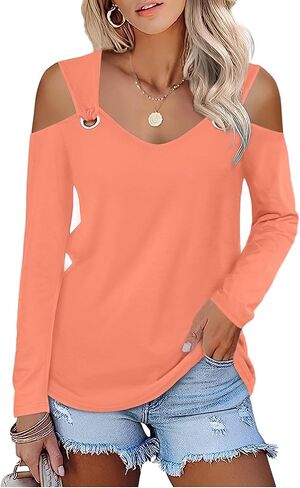 Womens Fashion Cold Shoulder Tops V Neck Orange Blouse Tunic Shirts Summer Long Sleeve T Shirts in Kuwait