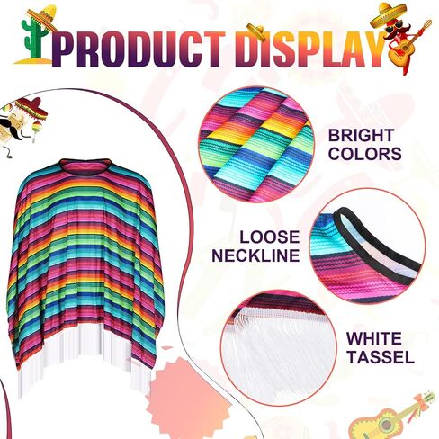 2 Pcs Cinco De Mayo Mexican Fiesta Serape Poncho Colorful Costume Accessory Fun and Festive Mexican Poncho Mens Costume Fiesta Party Poncho for Girls Adult Women Men Fiesta Event, 53.15 x 53.15 Inches in Saudi Arabia