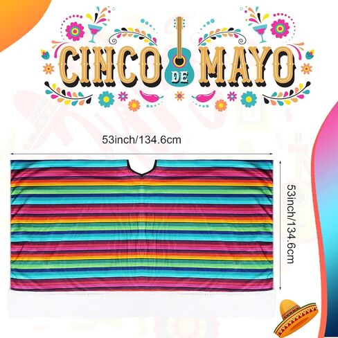 2 Pcs Cinco De Mayo Mexican Fiesta Serape Poncho Colorful Costume Accessory Fun and Festive Mexican Poncho Mens Costume Fiesta Party Poncho for Girls Adult Women Men Fiesta Event, 53.15 x 53.15 Inches in Saudi Arabia