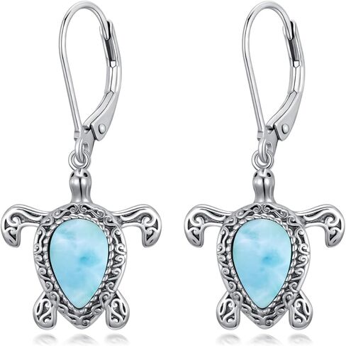 Althum Natural Larimar Sea Turtle Earrings 925 Sterling Silver 9 * 6mm Teardrop Blue Larimar Turtle Dangle Leverback Earrings for Turtle Lover Women Gifts in Kuwait