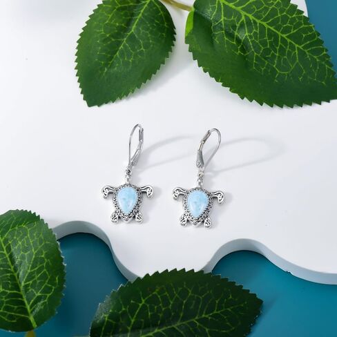 Althum Natural Larimar Sea Turtle Earrings 925 Sterling Silver 9 * 6mm Teardrop Blue Larimar Turtle Dangle Leverback Earrings for Turtle Lover Women Gifts in Kuwait