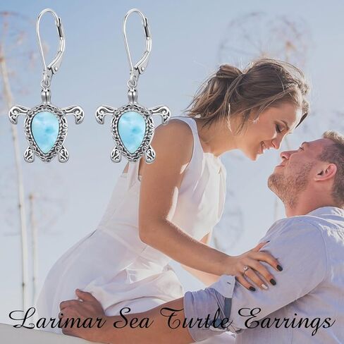 Althum Natural Larimar Sea Turtle Earrings 925 Sterling Silver 9 * 6mm Teardrop Blue Larimar Turtle Dangle Leverback Earrings for Turtle Lover Women Gifts in Kuwait