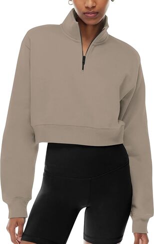 SAFRISIOR Women’s 1/4 Zip Sweatshirt Quarter Zipper Collar Drop Shoulder Long Sleeve Half Zip Cropped Pullover Top in Kuwait