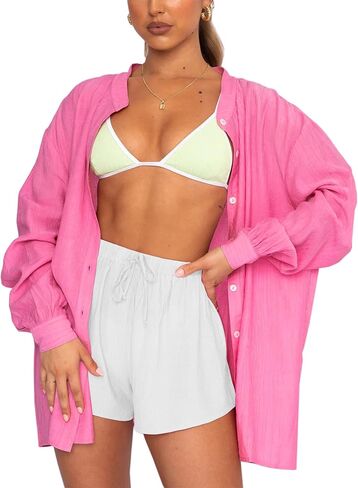 المرأة طويلة الأكمام قميص الشاطئ زر أسفل بلوزة ثوب السباحة التستر in Kuwait