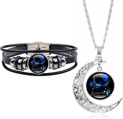 2 Pcs Zodiac Necklace Bracelet Gift for Men Constellation Necklace Astrology Galaxy & Crescent Moon Necklace Leather Constellation Bracelet for Men Jewelry Set Birthday Christmas Gift for Women in Saudi Arabia