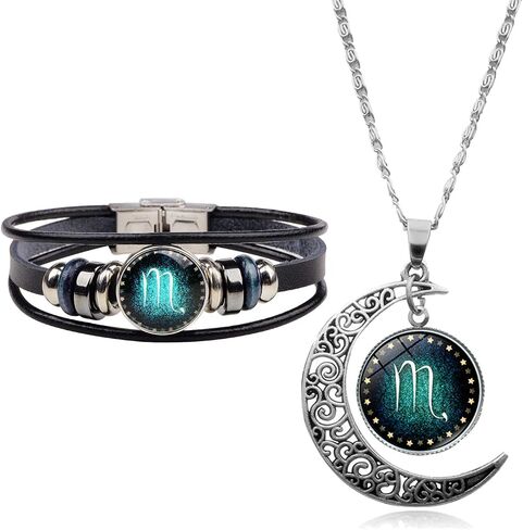 2 Pcs Zodiac Necklace Bracelet Gift for Men Constellation Necklace Astrology Galaxy & Crescent Moon Necklace Leather Constellation Bracelet for Men Jewelry Set Birthday Christmas Gift for Women in Saudi Arabia